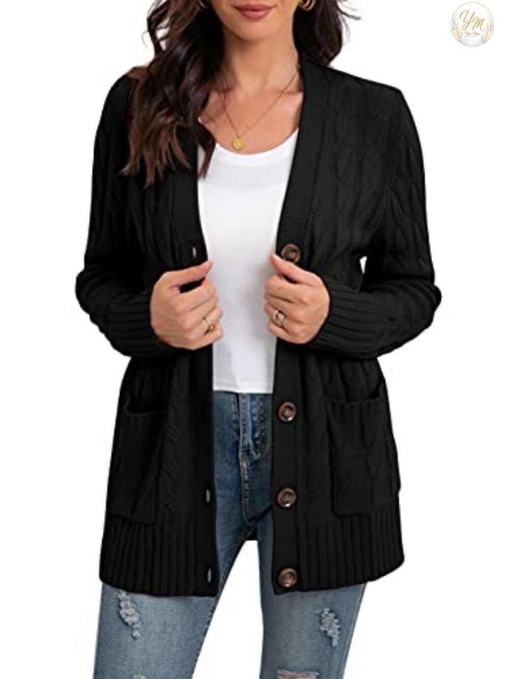 Cable Knit Cardigan Sweater with Pockets Long Sleeve Button